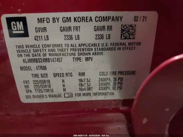 44301170 :رقم المزاد ، KL4MMBS24MB147457 vin ، 2021 Buick Encore Gx Fwd Preferred مزاد بيع