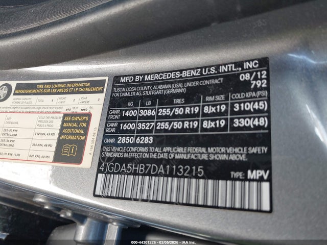 2013 Mercedes-benz Ml 350 4matic მანქანა იყიდება აუქციონზე, vin: 4JGDA5HB7DA113215, აუქციონის ნომერი: 44301226