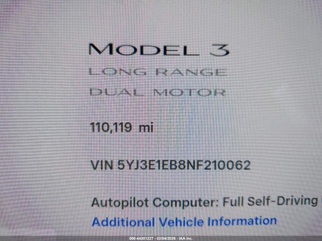 Продаж на аукціоні авто 2022 Tesla Model 3 Long Range Dual Motor All-wheel Drive, vin: 5YJ3E1EB8NF210062, номер лоту: 44301227