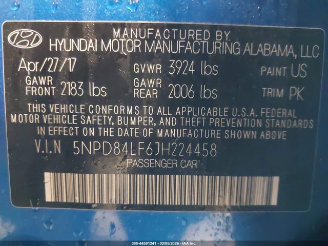 44301241 :رقم المزاد ، 5NPD84LF6JH224458 vin ، 2018 Hyundai Elantra Sel مزاد بيع