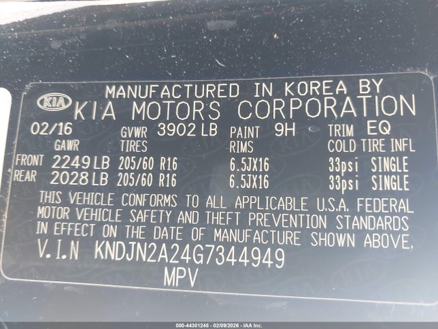44301248 :رقم المزاد ، KNDJN2A24G7344949 vin ، 2016 Kia Soul مزاد بيع