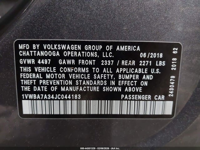 44301329 :رقم المزاد ، 1VWBA7A34JC044183 vin ، 2018 Volkswagen Passat 2.0t Se مزاد بيع