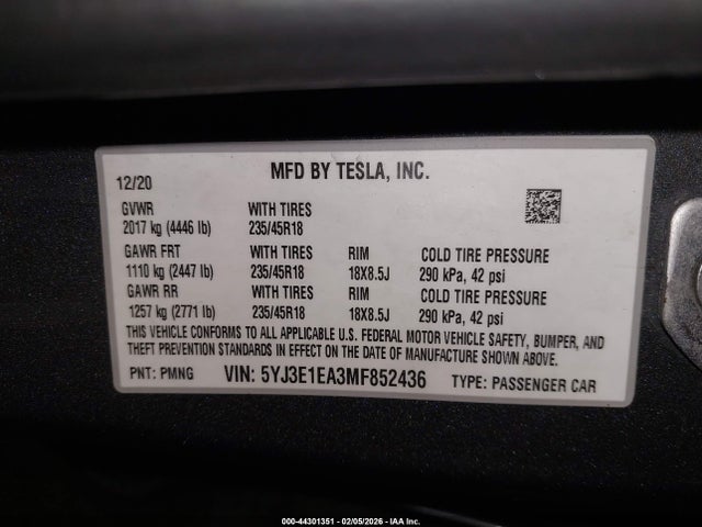 2021 TESLA MODEL 3 5YJ3E1EA3MF852436 Photo 8