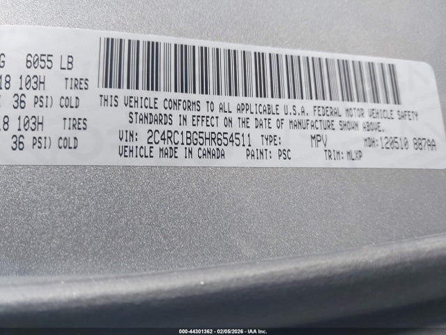 44301362 :رقم المزاد ، 2C4RC1BG5HR654511 vin ، 2017 Chrysler Pacifica Touring-l مزاد بيع