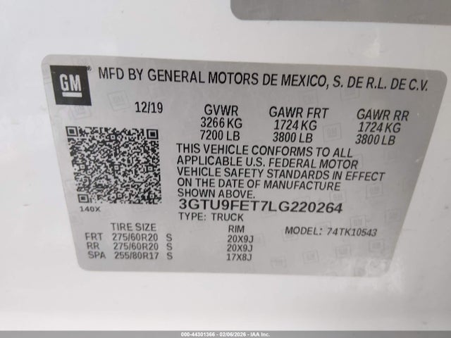 44301366 :رقم المزاد ، 3GTU9FET7LG220264 vin ، 2020 Gmc Sierra 1500 4wd  Short Box Denali مزاد بيع