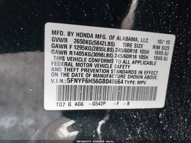 5FNYF6H56GB040664 Honda Pilot Ex-l