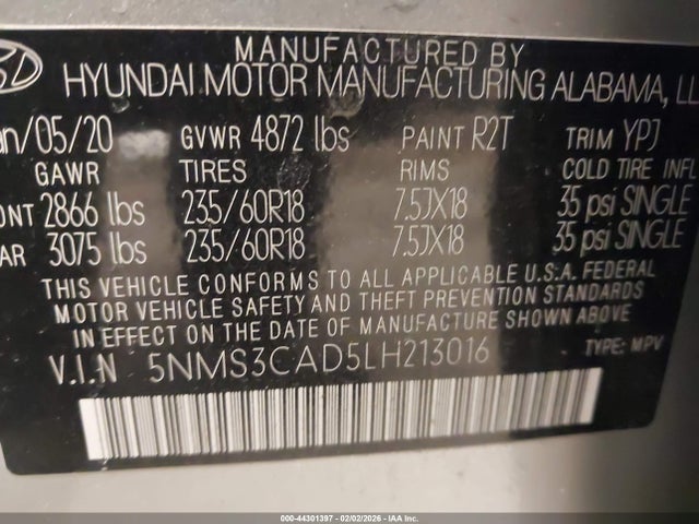 Aukcja sprzedaży 2020 Hyundai Santa Fe Sel, vin: 5NMS3CAD5LH213016, numer aukcji: 44301397