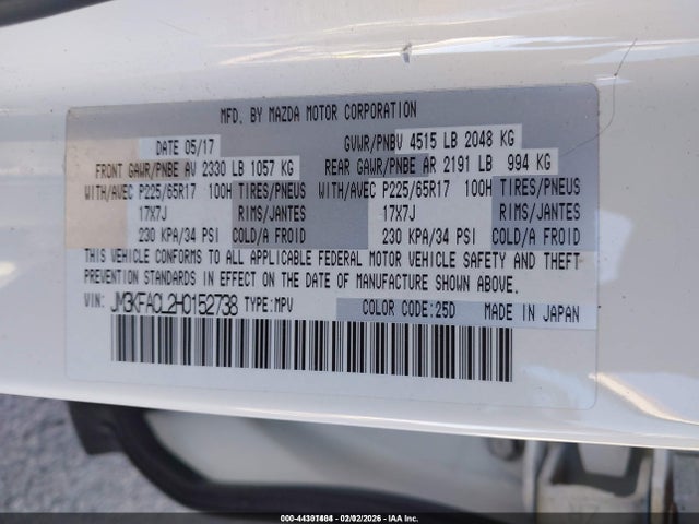 44301404 :رقم المزاد ، JM3KFACL2H0152738 vin ، 2017 Mazda Cx-5 Touring مزاد بيع