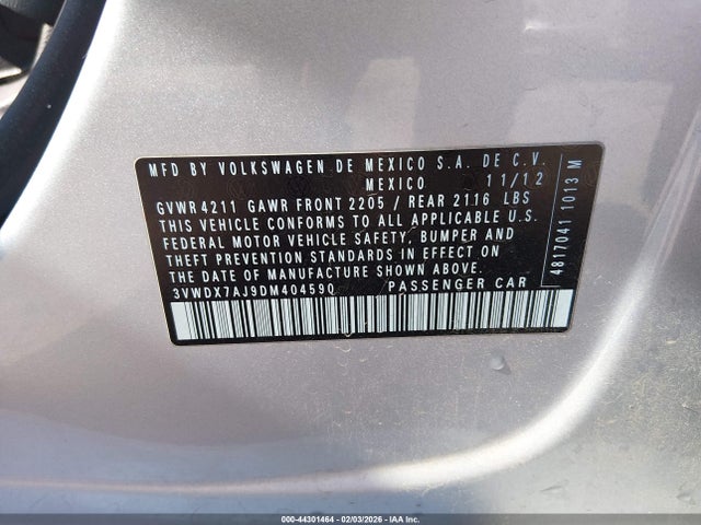 44301464 :رقم المزاد ، 3VWDX7AJ9DM404590 vin ، 2013 Volkswagen Jetta Se مزاد بيع