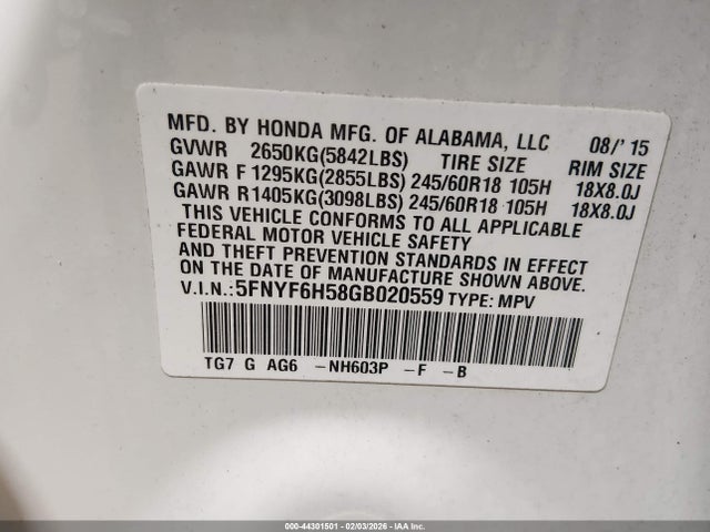 2016 HONDA PILOT 5FNYF6H58GB020559 Photo 8