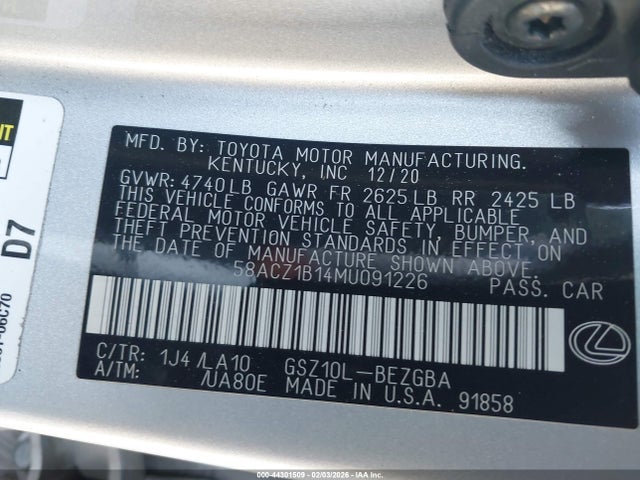 44301509 :رقم المزاد ، 58ACZ1B14MU091226 vin ، 2021 Lexus Es 350 مزاد بيع