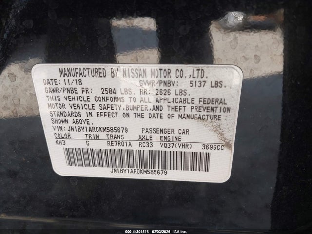 44301518 :رقم المزاد ، JN1BY1AR0KM585679 vin ، 2019 Infiniti Q70 3.7x Luxe مزاد بيع