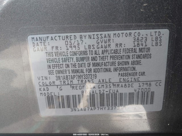 Aukcja sprzedaży 2017 Nissan Sentra Sv, vin: 3N1AB7AP7HY337319, numer aukcji: 44301555