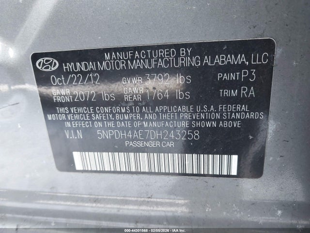 2013 Hyundai Elantra Gls მანქანა იყიდება აუქციონზე, vin: 5NPDH4AE7DH243258, აუქციონის ნომერი: 44301568