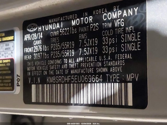 2014 Hyundai Santa Fe Limited მანქანა იყიდება აუქციონზე, vin: KM8SRDHF5EU069664, აუქციონის ნომერი: 44301583