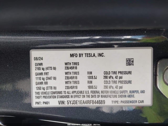 Aukcja sprzedaży 2024 Tesla Model 3, vin: 5YJ3E1EA4RF844689, numer aukcji: 44301611