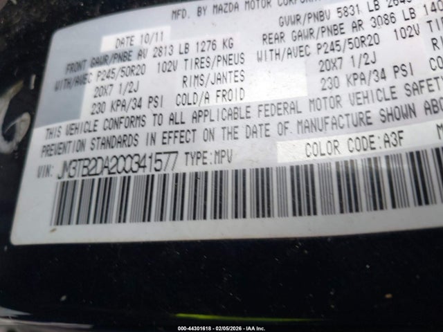 Aukcja sprzedaży 2012 Mazda Cx-9 Grand Touring, vin: JM3TB2DA2C0341577, numer aukcji: 44301618