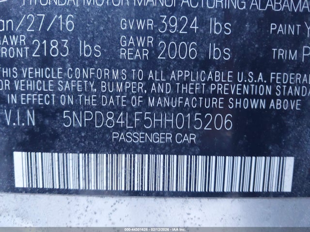 5NPD84LF5HH015206 Hyundai ELANTRA SE