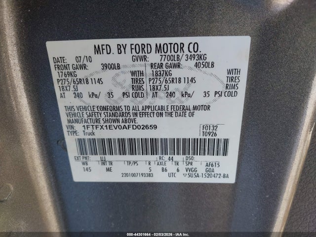 44301664 :رقم المزاد ، 1FTFX1EV0AFD02659 vin ، 2010 Ford F-150 Fx4/lariat/xl/xlt مزاد بيع