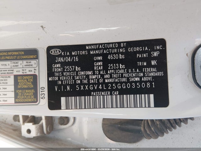 5XXGV4L25GG035081 KIA Optima Sxl Turbo