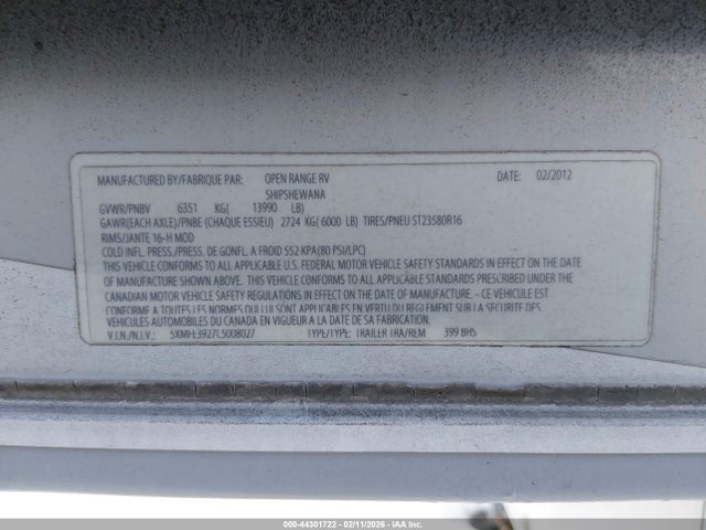2012 Open Range Rv 5th Wheel მანქანა იყიდება აუქციონზე, vin: 5XMFE3927C5008027, აუქციონის ნომერი: 44301722