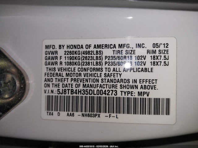 44301815 :رقم المزاد ، 5J8TB4H35DL004273 vin ، 2013 Acura Rdx مزاد بيع
