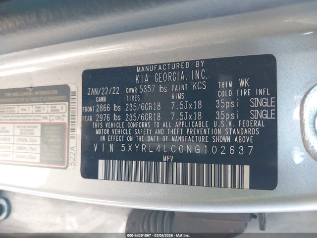 Продаж на аукціоні авто 2022 Kia Sorento S, vin: 5XYRL4LC0NG102637, номер лоту: 44301867