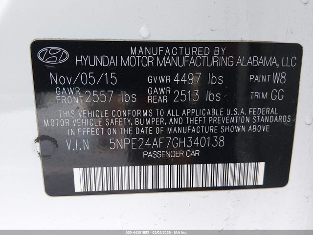 2016 Hyundai Sonata Se მანქანა იყიდება აუქციონზე, vin: 5NPE24AF7GH340138, აუქციონის ნომერი: 44301882