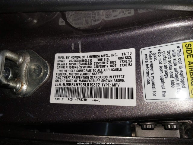 2011 Honda Cr-v Ex-l მანქანა იყიდება აუქციონზე, vin: 5J6RE4H79BL019322, აუქციონის ნომერი: 44301917