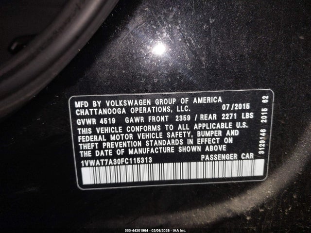 Продаж на аукціоні авто 2015 Volkswagen Passat 1.8t Limited Edition, vin: 1VWAT7A30FC115313, номер лоту: 44301964