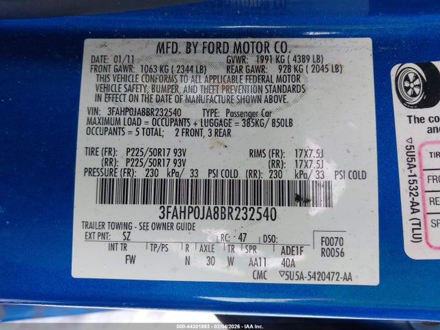 2011 FORD FUSION 3FAHP0JA8BR232540 Photo 8