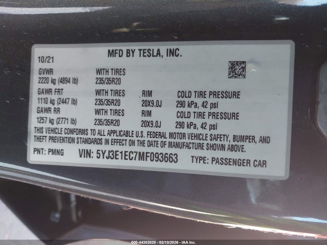 2021 TESLA MODEL 3 5YJ3E1EC7MF093663 Photo 8