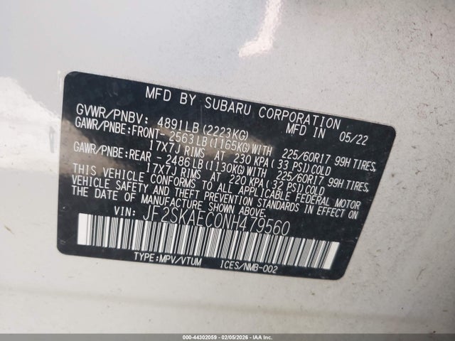 Aukcja sprzedaży 2022 Subaru Forester Premium, vin: JF2SKAEC0NH479560, numer aukcji: 44302059
