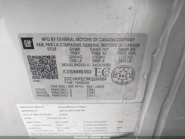 44302088 :رقم المزاد ، 2GCVKPEC9K1106904 vin ، 2019 Chevrolet Silverado 1500 Ld Lt مزاد بيع