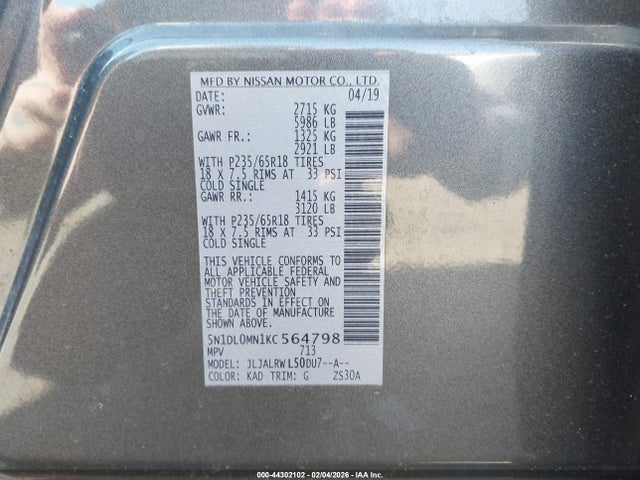 Продаж на аукціоні авто 2019 Infiniti Qx60 Luxe, vin: 5N1DL0MN1KC564798, номер лоту: 44302102