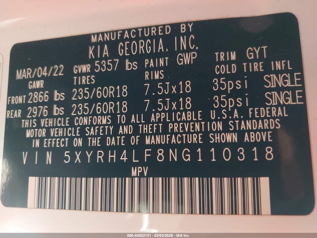 2022 Kia Sorento Ex მანქანა იყიდება აუქციონზე, vin: 5XYRH4LF8NG110318, აუქციონის ნომერი: 44302131