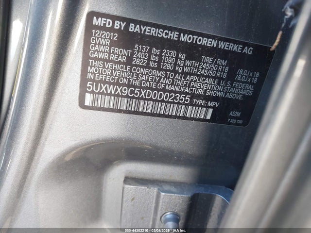 2013 Bmw X3 Xdrive28i მანქანა იყიდება აუქციონზე, vin: 5UXWX9C5XD0D02355, აუქციონის ნომერი: 44302210