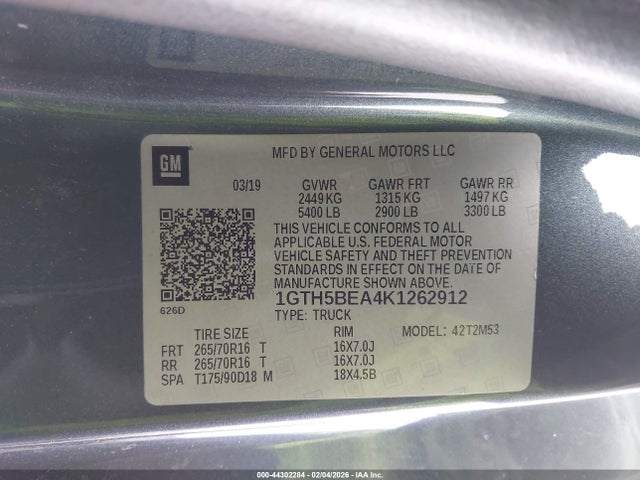 Aukcja sprzedaży 2019 Gmc Canyon, vin: 1GTH5BEA4K1262912, numer aukcji: 44302284