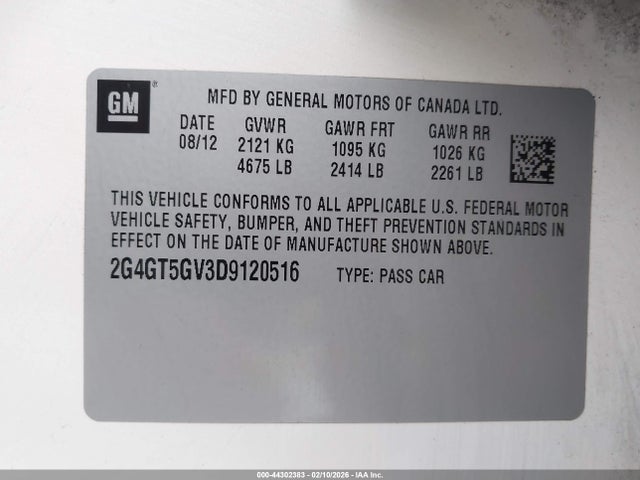 44302383 :رقم المزاد ، 2G4GT5GV3D9120516 vin ، 2013 Buick Regal Turbo - Premium 2 مزاد بيع