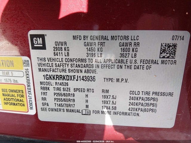 2015 Gmc Acadia Slt-1 მანქანა იყიდება აუქციონზე, vin: 1GKKRRKDXFJ143936, აუქციონის ნომერი: 44302388