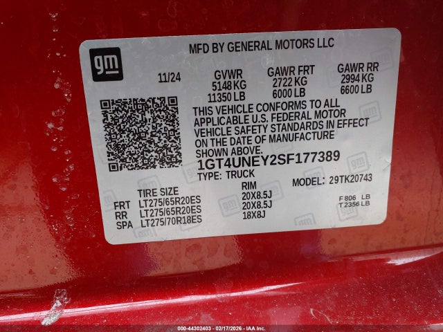 Продажа на аукционе авто 2025 Gmc Sierra 2500hd, vin: 1GT4UNEY2SF177389, номер лота: 44302403