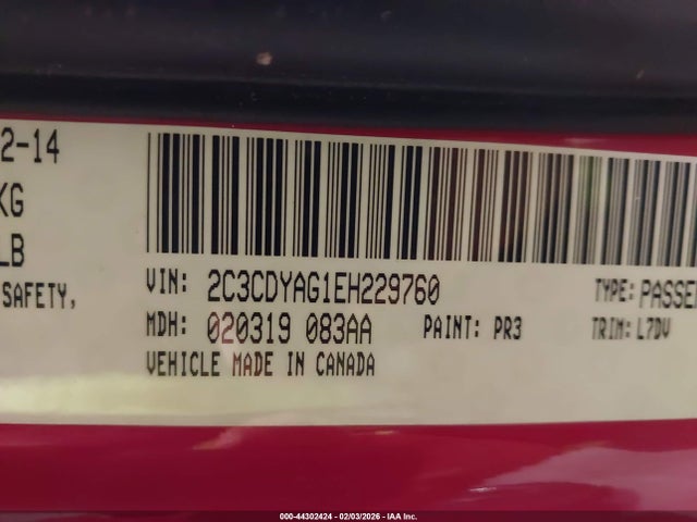 44302424 :رقم المزاد ، 2C3CDYAG1EH229760 vin ، 2014 Dodge Challenger Sxt مزاد بيع