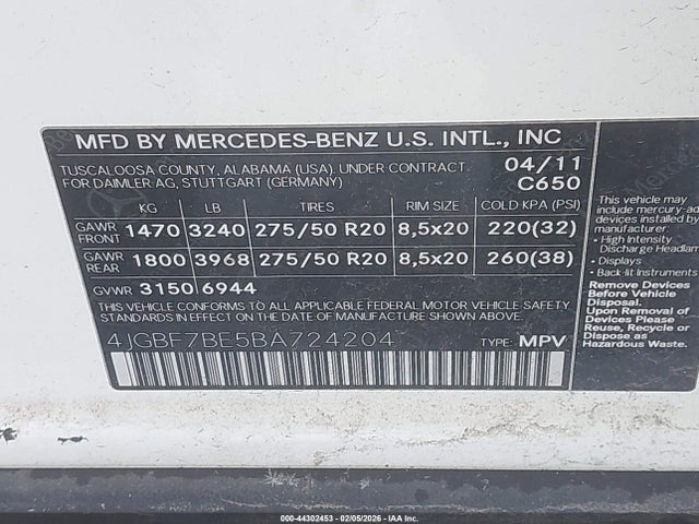 Продаж на аукціоні авто 2011 Mercedes-benz Gl-class Gl 450, vin: 4JGBF7BE5BA724204, номер лоту: 44302453