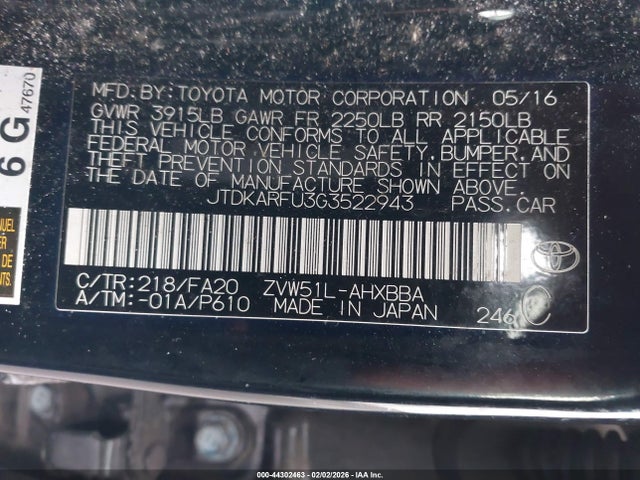 JTDKARFU3G3522943 Toyota Prius Two Eco