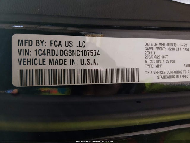 44302524 :رقم المزاد ، 1C4RDJDG3NC107574 vin ، 2022 Dodge Durango Gt Plus Awd مزاد بيع