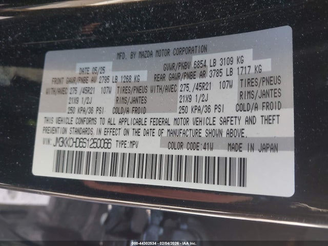 Aukcja sprzedaży 2025 Mazda Cx-90 3.3 Turbo Premium Sport, vin: JM3KKCHD6S1250066, numer aukcji: 44302534