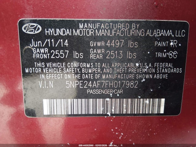 44302560 :رقم المزاد ، 5NPE24AF7FH017982 vin ، 2015 Hyundai Sonata Se مزاد بيع