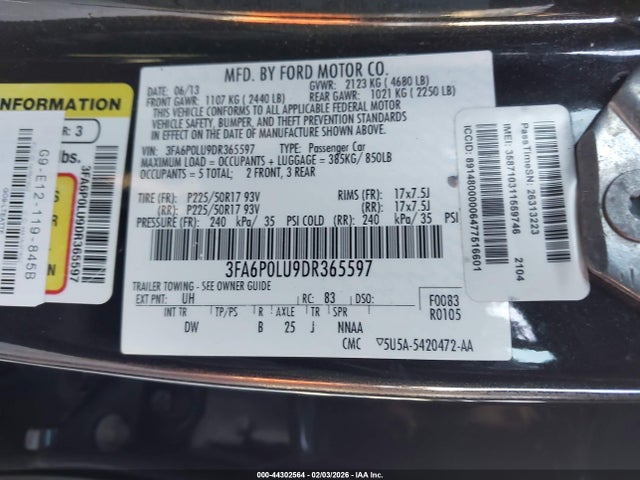 Aukcja sprzedaży 2013 Ford Fusion Hybrid Se, vin: 3FA6P0LU9DR365597, numer aukcji: 44302564
