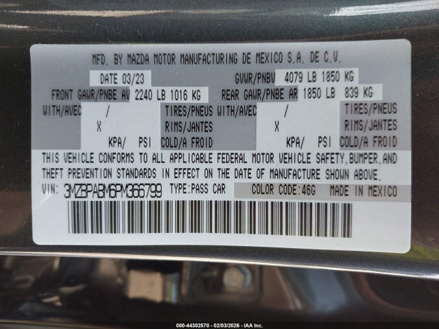 44302570 :رقم المزاد ، 3MZBPABM6PM366799 vin ، 2023 Mazda Mazda3 2.5 S Select مزاد بيع