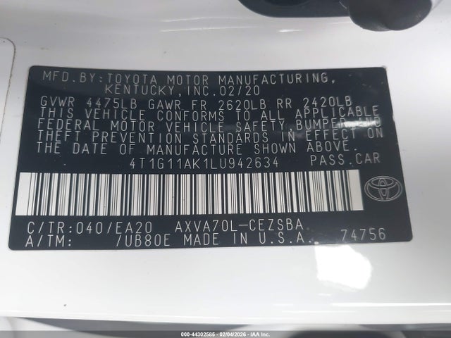 44302585 :رقم المزاد ، 4T1G11AK1LU942634 vin ، 2020 Toyota Camry Se مزاد بيع